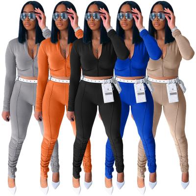 China Antibacterial Wholesale Women Sportswear 2 Pieces Long Sleeved Cropped Pants Pleated Jogging Trousers Casual Wear Training Suit for sale