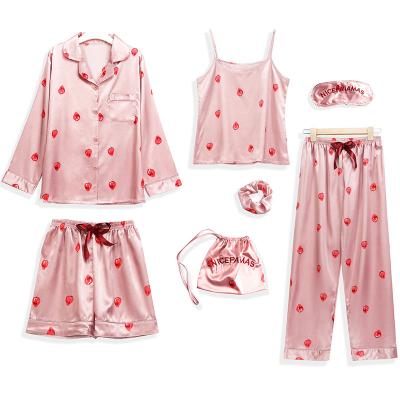 China FSL002 Strawberry Print 7pcs QUICK DRY Pajamas Sets Women Sleepwear Satin Pajamas Cartoon Silk Adults Sets for sale