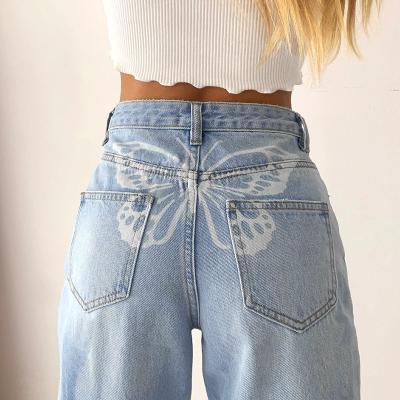 China New Popular Casual Women's Jeans QUICK DRY Loose High Waist Butterfly Print Women's Jeans Women's Pants and Trousers for sale