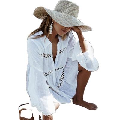 China New Cotton Shirt Long Sleeve Breathable Women Swimwear Solid Color Cover Up Robe Beach Dress Beach Cover Up for sale