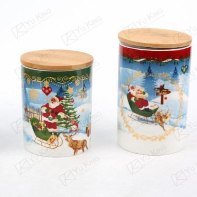 China Sustainable Ceramic Christmas Coffee Tea Canister 12oz 340ml With Wooden Lid for sale