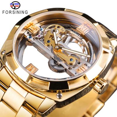 China Forsining S1068 Date Gear Skeleton Stainless Steel Gold Belts Mens Design Automatic Mechanical Transparent Watch Silver Square for sale