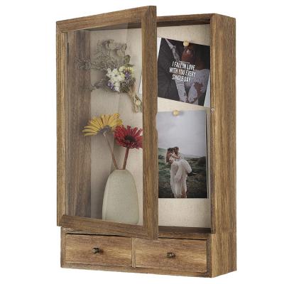 China Deep Vintage Shadow Box Picture Move Case Rustic Wood Shade Box Frame With 2 Drawers for sale