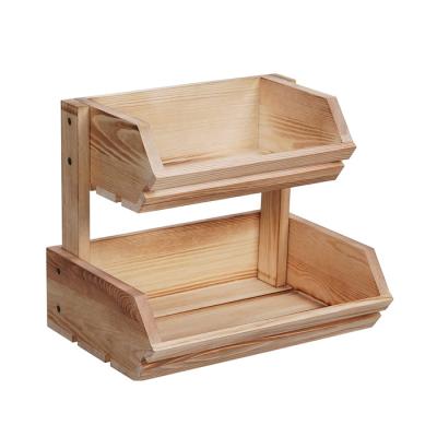 China 2 Tiers Wooden Fruit Vegetable Bread Storage Rack Sustainable Fruit Basket for sale