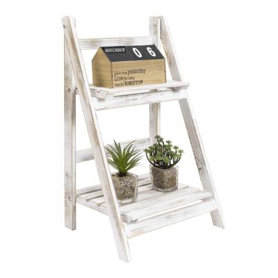 China Freestanding Foldable Rack 2 Tier Wooden Indoor Plant Rack Foldable Bleached Rustic Wood Shelf for sale