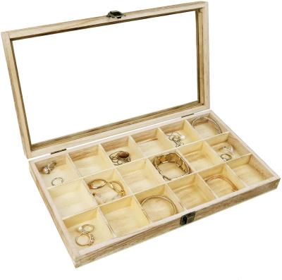 China Wooden Storage Case 18 Compartments Organizer Tray Wood Jewelry Beads Display Box With Glass Lid for sale