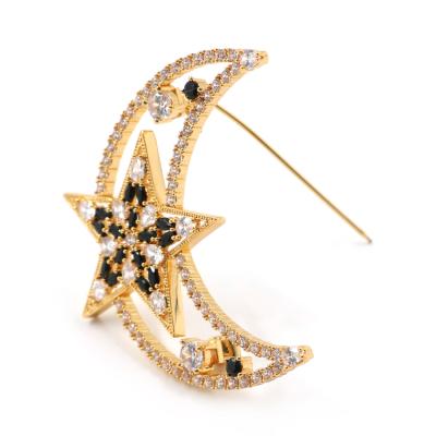 China Fashionable Alloy 18K Gold Exquisite New Design Brooches Hollow Out Moon Star Pin Brooch For Women for sale