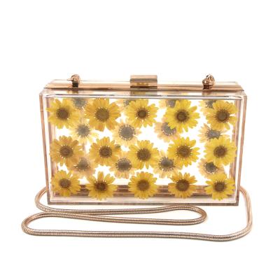 China Plastic Customized Bag Decorated With Many Yellow Flowers Romantic Cute Acrylic Material Messenger Bag for sale