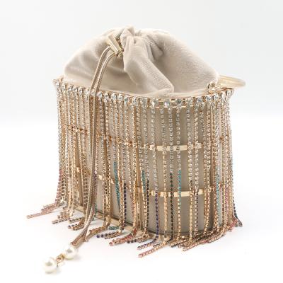 China Custom Made Luxury Tassel Crystal Stones Metal Alloy Wrist Bag Party Evening Bag for sale