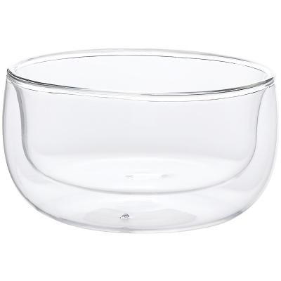 China Durable high borosilicate double-layer vacuum transparent glass design round belly shape handmade kitchen bowl utensils for salads, yog for sale