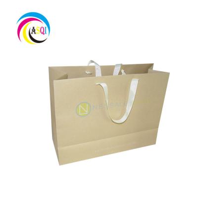 China Recyclable Cheap Luxury Customized Logo Printing Brown Kraft Paper Packaging Shopping Bag With Ribbon Handle Hotsales for sale