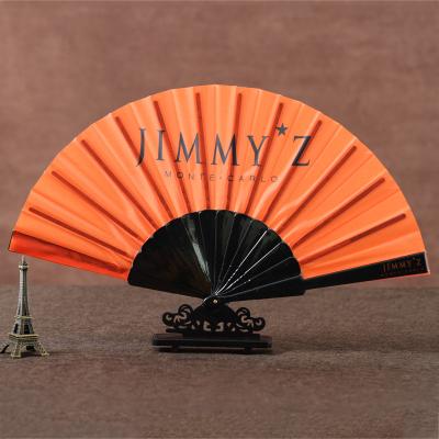 China Custom Printed Plastic Europe Polyester Fabric Promotion Hand Fan for sale