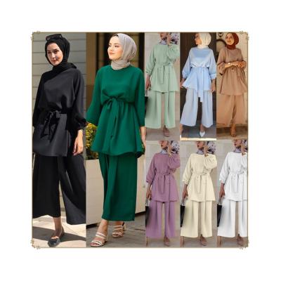 China Hot Sale Two Piece And High Quality Islamic Muslim Women Clothing 2 Pieces Abaya Dubai Fasion Turkey Hijab Dress Set for sale