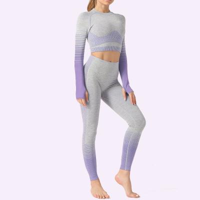 China Women Yoga Set Sports Suit 2pcs Waist Breathable Wholesale Long Sleeve Stripe Seamless Gym Top Wear Gaiters Fitness Sports Wear Pants for sale