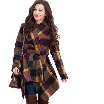 China 2021 New Arrival Anti-wrinkle Lapel Wool Coat Plaid Women Winter Loose Woolen Coats With Belt for sale