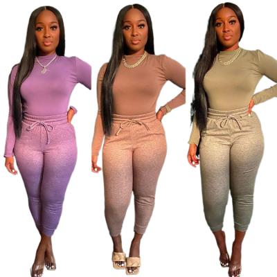 China Fashion Elastic Waist Around Body-hugging Two-piece Set Of Colored Cotton Sweater Pants By Neck Women Long Sleeve Shirt Suit For Women for sale