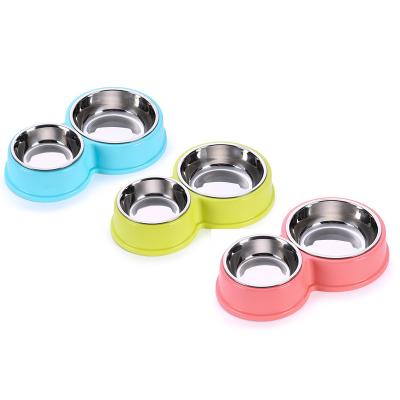 China Sustainable Double Bowl Stainless Steel Pet Non-Slip Plastic Bowl Bowl Feeding And Drinking Round for sale