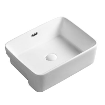 China Bathroom Solid Surface Modern Countertop Semi Rectangular Vessel Sink White Ceramic Wash Basin for sale