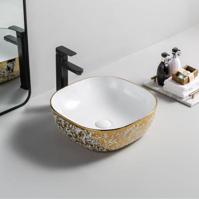 China Easy Clean Luxury Gold Goudkleurig Bathroom Sinks Ceramic Square Gold Art Wash Basin Wasbak for sale