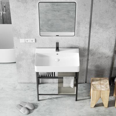 China Easy Clean Modern Bathroom Ceramic Lavatory Sink With Towel Holder White Rectangle Basin for sale