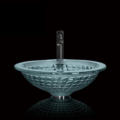 China Customized logo contemporary waschbecken Diamond Tempered Glass Wash Basin Bathroom Table Top Clear Glass Vessel Sink for sale