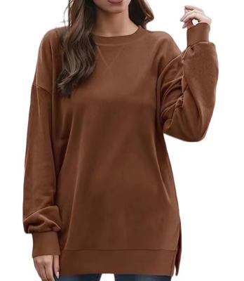 China Anti-wrinkle Womens Solid Color Split Hem Fleece Sweatshirt round neck casual sport long sleeve for sale