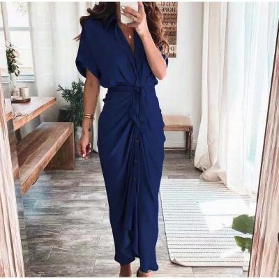 China Anti-Static Shirt Dresses Fashion Short Sleeve Solid V Neck Beach Maxi casual woman dress Summer Elegant Button Ruched Bandage for sale