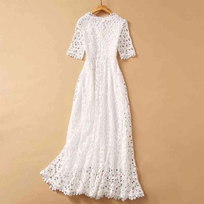 China Anti-Static Elegant White Maxi Dress For Women V Neck Half Sleeve High Waist Hollow Out Slim Dresses Autumn Style Fashion for sale