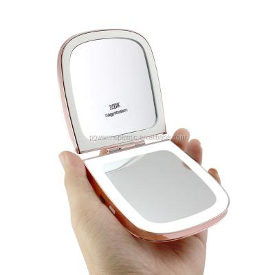 China Magnifying Portable Mini Mirror Compact Mirror Custom Lighted Led Square Folding Small Pocket Makeup Mirror With Led Lights for sale