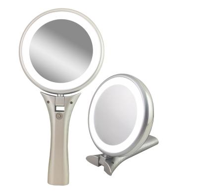 China Lighted Sharp Foldable Led Handheld Cosmetic Mirror Girls Round Daily Makeup Tools Desktop Mirror ABS Plastic+glass Mirror Double Sided for sale