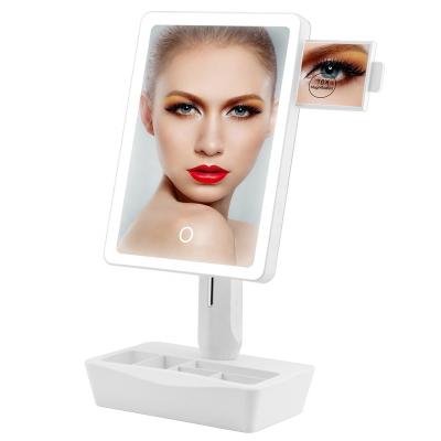 China Dimmable Touch Screen Lighted LED Makeup Desk Mirror with a Built-in 10X Magnification and Makeup Tools Organizer Holder for sale