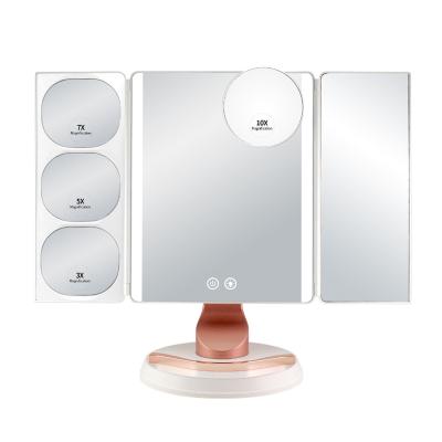 China Large Size Triple Magnification LED Rechargeable Touch Screen LED Vanity Mirror 1x 3X 5X 7X 10X Lighted Cosmetic Mirror for sale