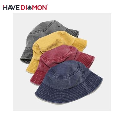 China Character Distressed Vintage Wide Brim Jean Denim Fisherman Bucket Hats for sale