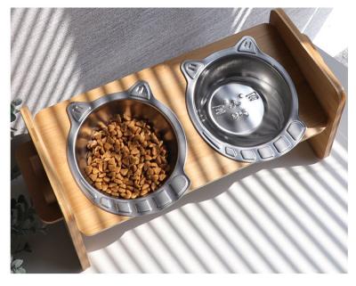 China Viable Factory Direct Wholesale Adjustable Pet Bowl 304 Stainless Steel Pet Bowl Cat Bowl Stand With Wooden Stand for sale