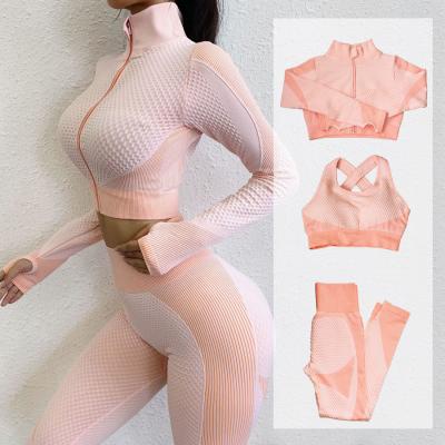 China Tight Back Long Sleeve Sweat-Wicking Yoga Suit Peach Butt Lift Seamless Three-piece Waist High Pants Set for sale