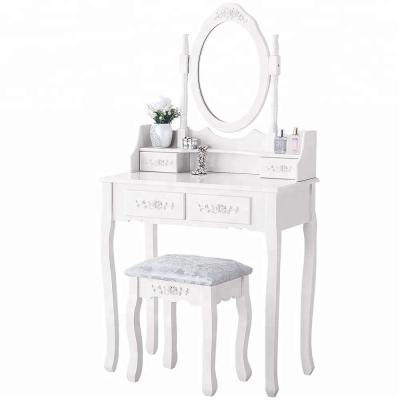 China Eco-Friendly Germany Market White Wooden Makeup Dressing Table Bedroom Cushioned Stool Vanity Table Set Oval Mirror With 4 Drawers for sale