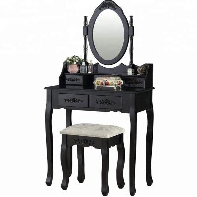 China Eco-friendly European Cheapest Wooden Vanity Dressing Table Black Stool Set Bedroom With Round Mirror And 4 Drawers for sale