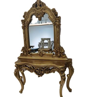 China Modern Antique Mdf+Pvc+Glass Gold Carving Gold Console Carved Console Table With Mirror for sale