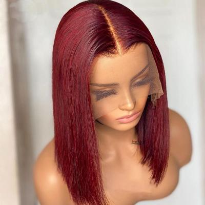 China Silky Straight Wave Short Lace Up Double Pulled Closure Burgundy 99J Front Human Hair Wigs Bob Wigs for sale