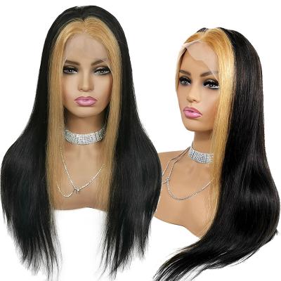 China Straight Lace Honey Blonde Highlights Wig With Frontal Of Jet Black 360 Wave Blonde Silky Straight Wave for sale