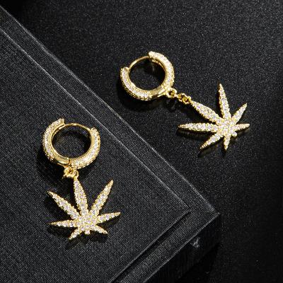 China Other Fashion Women's 18k Gold Plated Ice Out Hemp Leaf Charm Circle Earrings 925 Sterling Silver Jewelry for sale