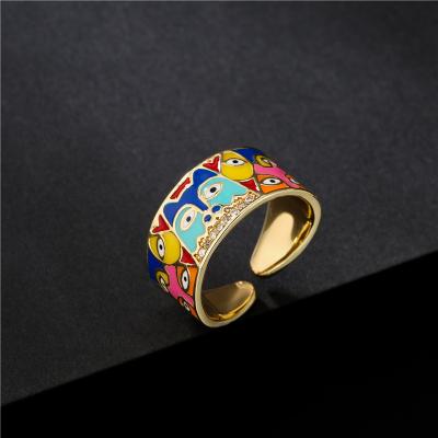 China New Vintage Color Oil Drop Tarot Ring Fashion Cute European American American Eye Oil Drop Geometric Opening Ring Copper Zircon Jewelry for sale