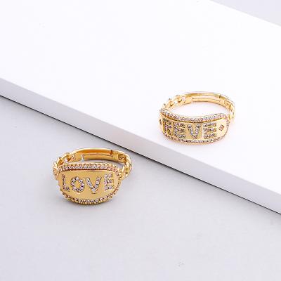 China High Quality Resizable Cute Gold Zircon Letter Love Resizable Brass Rings for sale