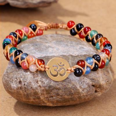 China Other a new boho style 3D stainless steel yoga bracelet with handwoven colorful stone double layers for sale