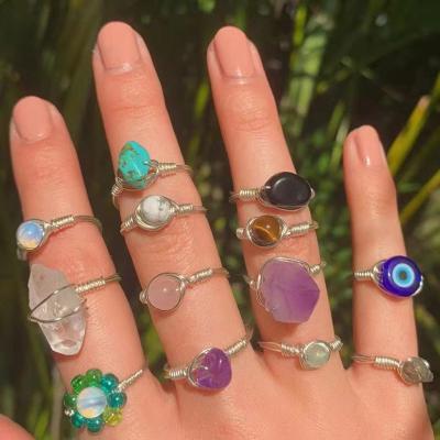 China FASHIONABLE Luxury Gold Plated Natural Healing Stone Quartz Crystal Rings For Women Crystal Flower Evil Eyes Rings Set Jewelry for sale