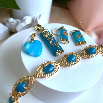 China CLASSIC 18k Gold Plated Charm Women's Chinese Blue Necklace Symbol Earrings Jade Heart Dragon Stone Pendant Bracelet Set Jewelry for sale