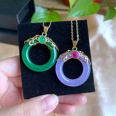 China High Quality Round Natural Circle Jade Necklace Jewelry Lavender BOHEMIA Jade Pendant Gold Plated Green for sale