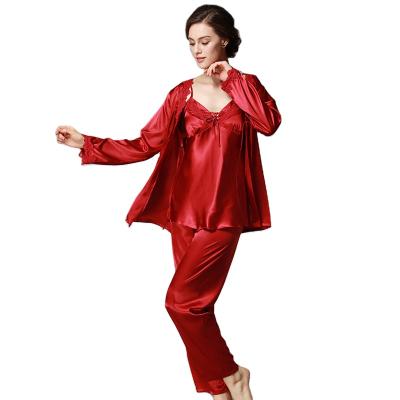 China Breathable Ice Silk Nightgown Ladies Home Plus Size Robe Plus Size Spring Long Sleeve Pants Three Piece Set for sale