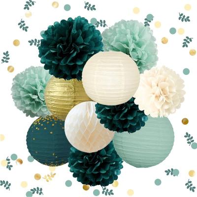 China LUCKY Wedding Party Decorations Green Paper Pom Poms Gold Foil Dots Tissue Paper Pom Poms Bridal Shower Hanging Paper Dots for sale