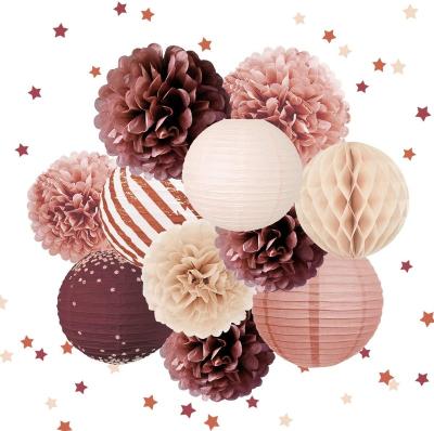 China LUCKY Wedding Decorations Rose Gold Burgundy Pom Poms Party Paper Lanterns for Birthday Engagement Anniversary Graduation Party for sale